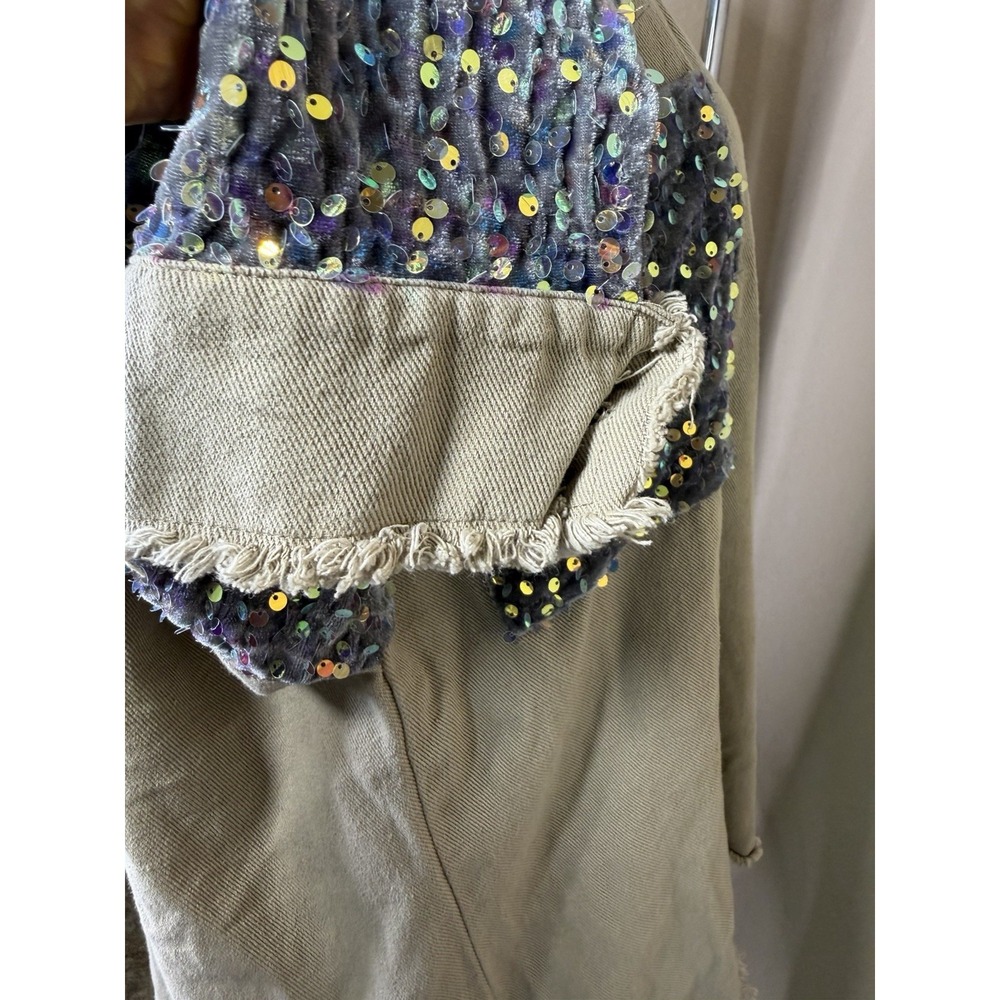 CHICME Sequin Patch Shacket Jacket Large Beige Frayed Edge Oversized Boho - Picture 2 of 6